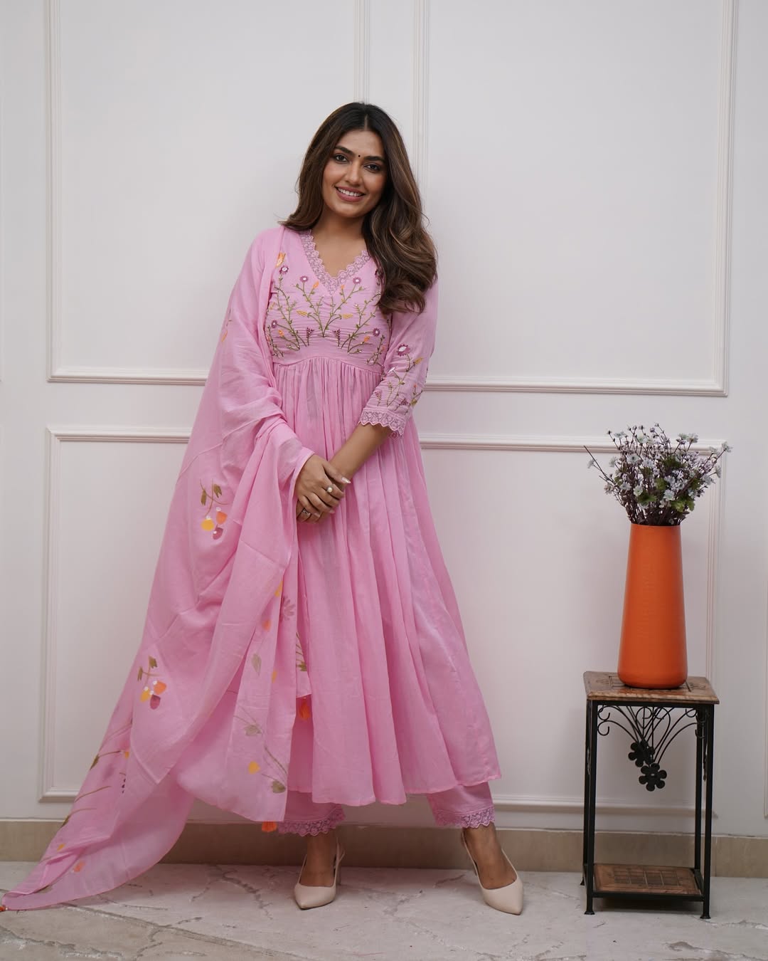 Pink Cotton Embroidered Anarkali Suit Set for Women with Dupatta