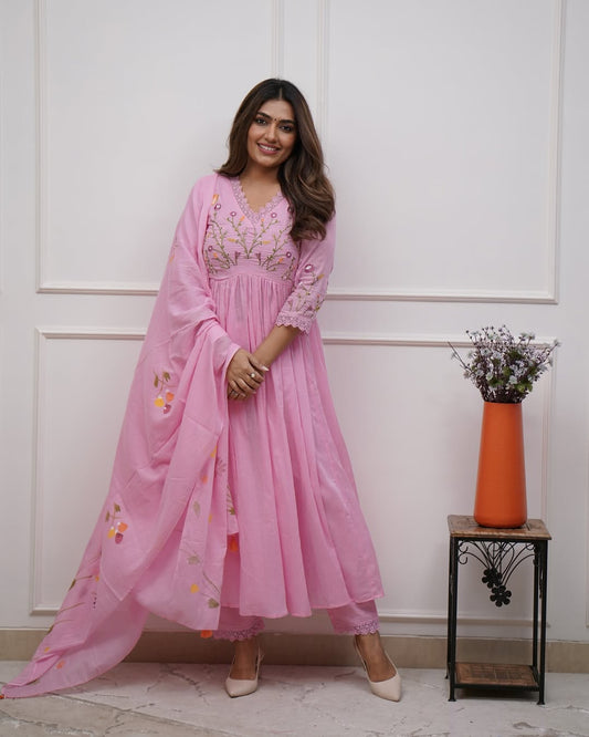 Pink Cotton Embroidered Anarkali Suit Set for Women with Dupatta