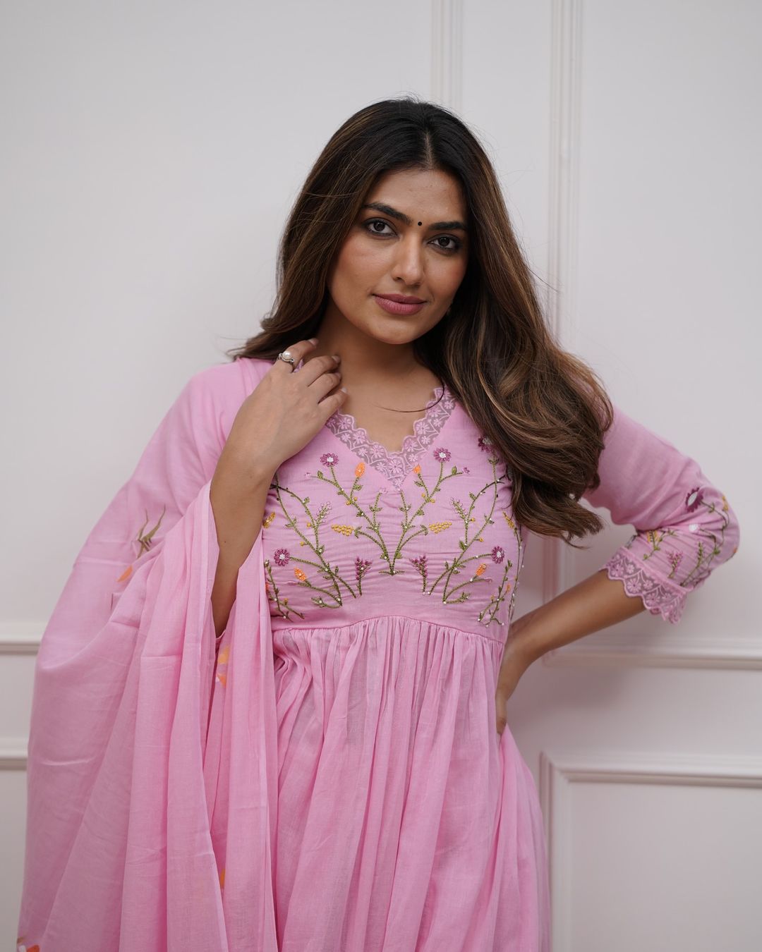 Pink Cotton Embroidered Anarkali Suit Set for Women with Dupatta