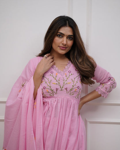 Pink Cotton Embroidered Anarkali Suit Set for Women with Dupatta