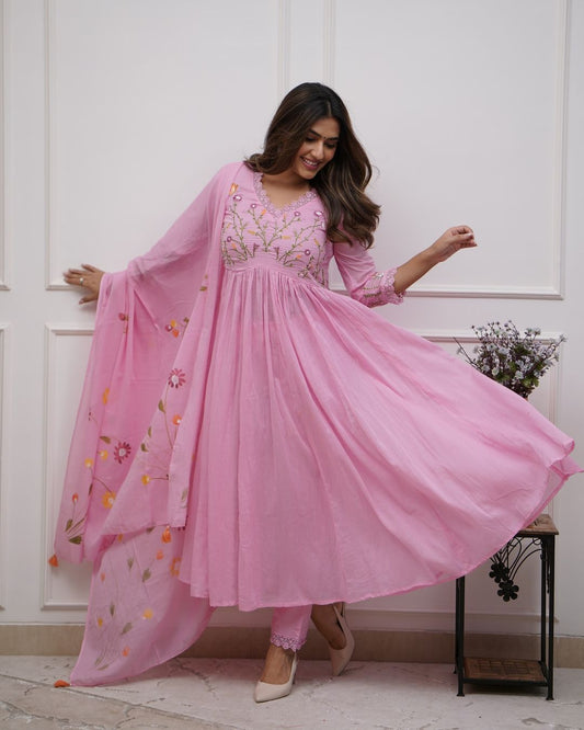 Pink Cotton Embroidered Anarkali Suit Set for Women with Dupatta