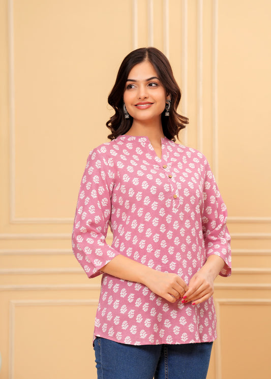 Pink Cotton Top with White Ethnic Motifs – Casual & Office Wear