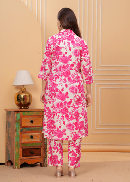 Pink Floral Printed Premium Cotton Co-ord Set for Women