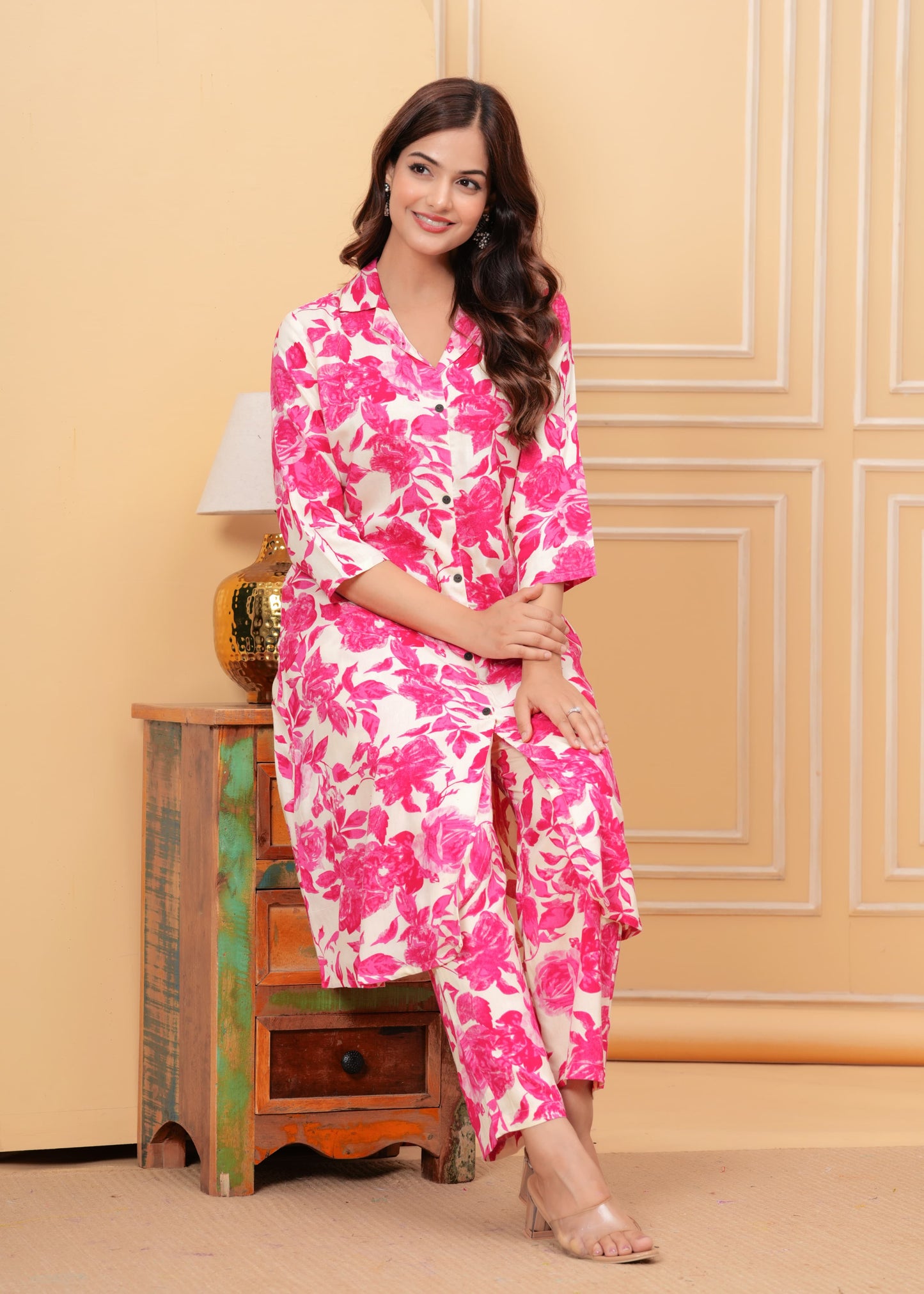 Pink Floral Printed Premium Cotton Co-ord Set for Women