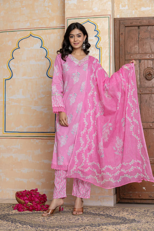 Pink Soft Cotton Printed Suit Set with Lace Detailing – Daily Wear