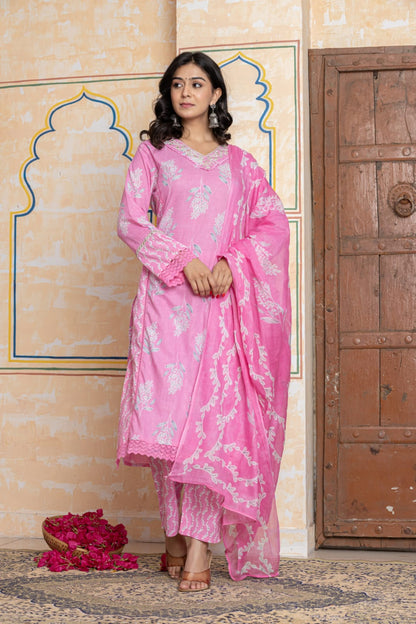 Pink Soft Cotton Printed Suit Set with Lace Detailing – Daily Wear