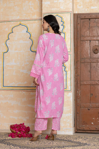 Pink Soft Cotton Printed Suit Set with Lace Detailing – Daily Wear