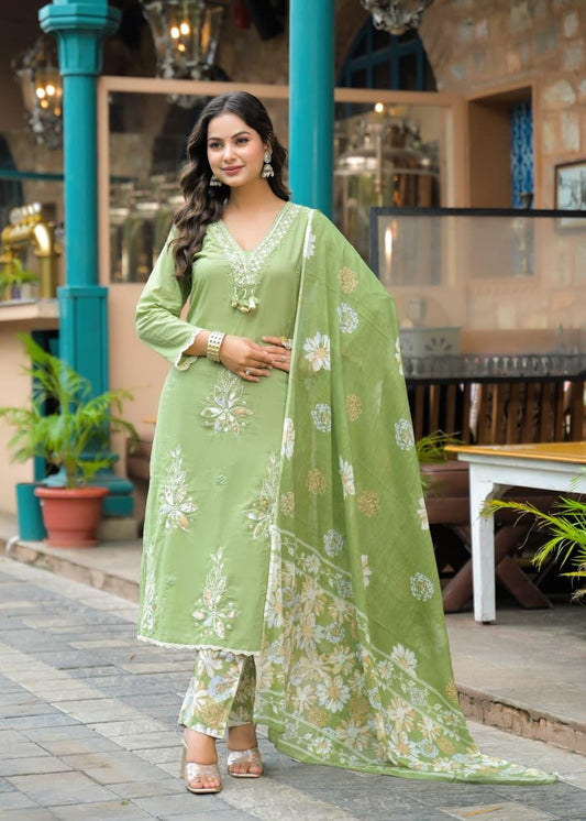 Pista Green Cotton Suit Set with Appliqué Work – Daily & Festive Wear