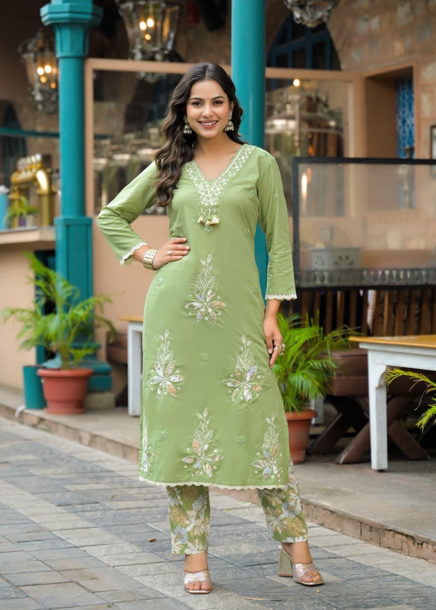 Pista Green Cotton Suit Set with Appliqué Work – Daily & Festive Wear