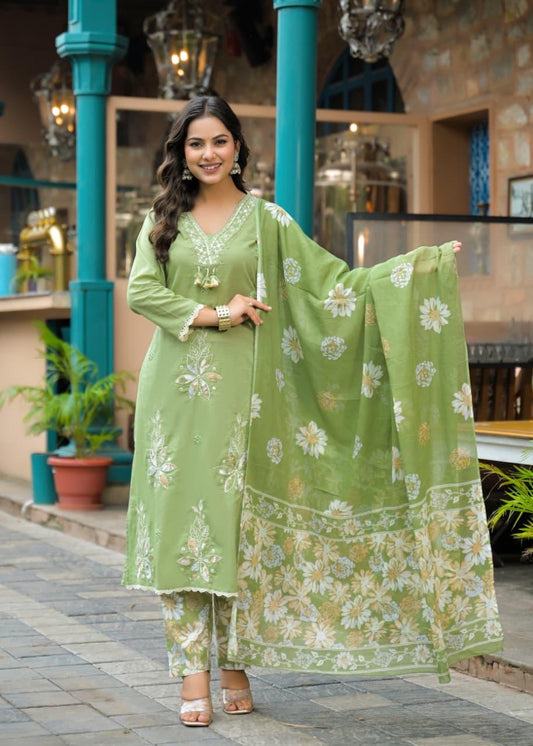 Pista Green Cotton Suit Set with Appliqué Work – Daily & Festive Wear
