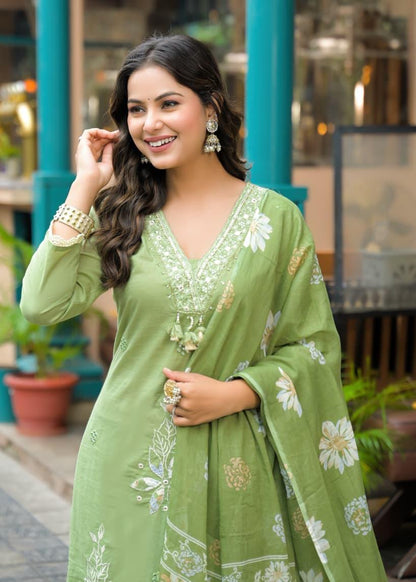 Pista Green Cotton Suit Set with Appliqué Work – Daily & Festive Wear