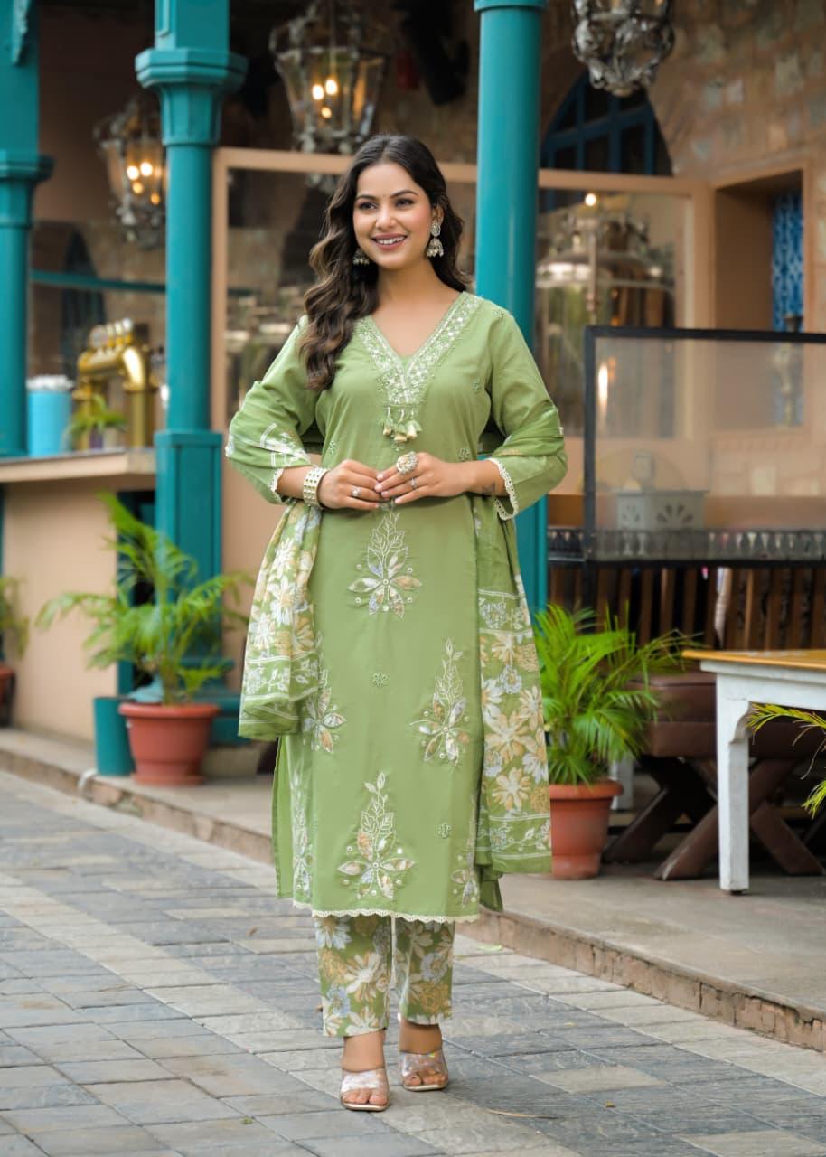 Pista Green Cotton Suit Set with Appliqué Work – Daily & Festive Wear