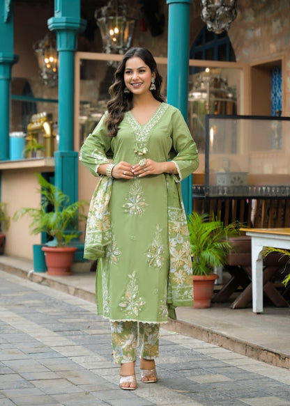 Pista Green Cotton Suit Set with Appliqué Work – Daily & Festive Wear