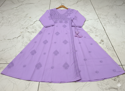 Premium Lavender Angrakha Style Chikankari Kurta Set with Soft Cotton Fabric