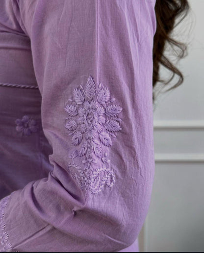 Premium Lavender Angrakha Style Chikankari Kurta Set with Soft Cotton Fabric