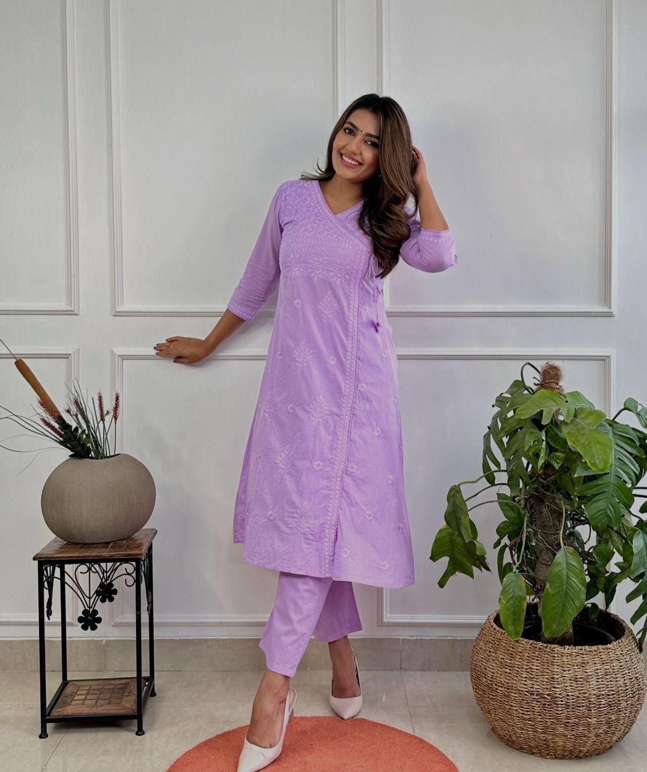 Premium Lavender Angrakha Style Chikankari Kurta Set with Soft Cotton Fabric