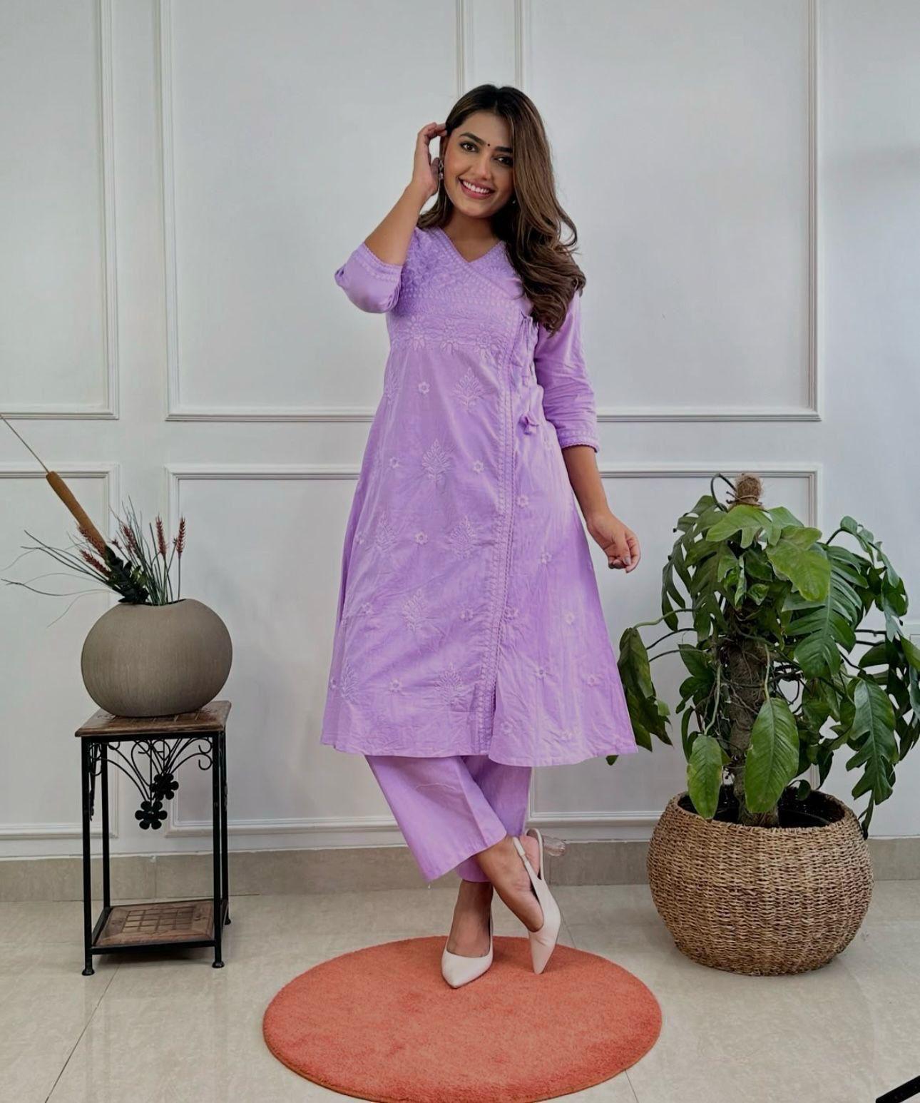 Premium Lavender Angrakha Style Chikankari Kurta Set with Soft Cotton Fabric