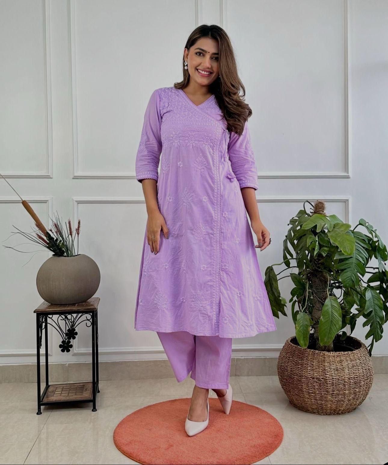 Premium Lavender Angrakha Style Chikankari Kurta Set with Soft Cotton Fabric