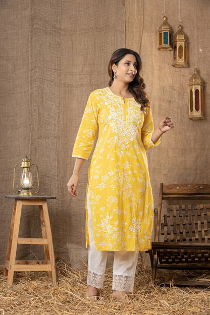 Premium Lemon Yellow Soft Cotton Chikankari Kurta Set