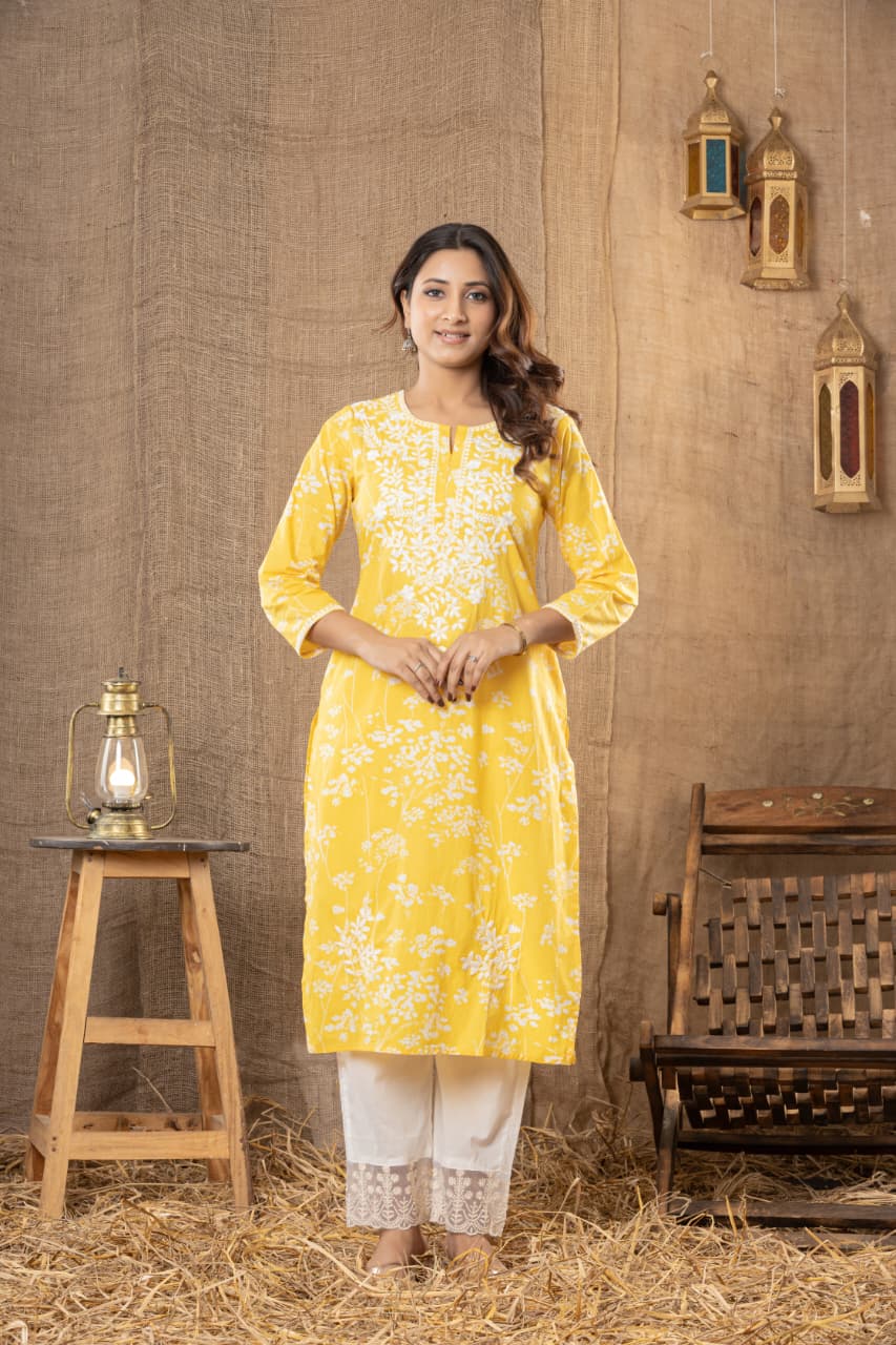 Premium Lemon Yellow Soft Cotton Chikankari Kurta Set