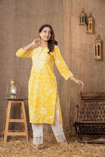 Premium Lemon Yellow Soft Cotton Chikankari Kurta Set