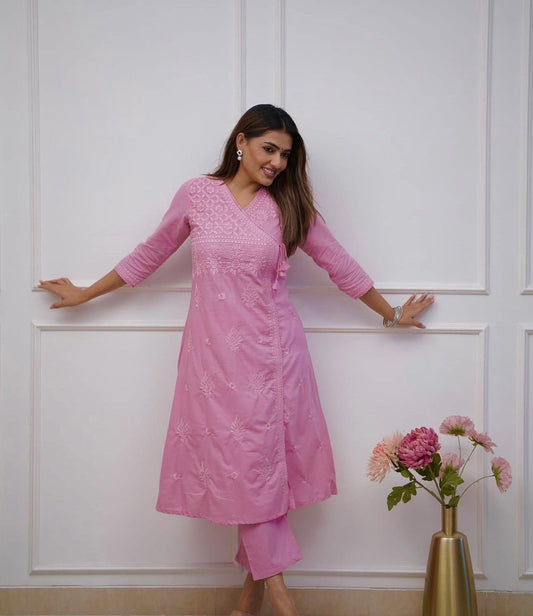Premium Light Pink Angrakha Style Chikankari Kurta Set with Soft Cotton Fabric