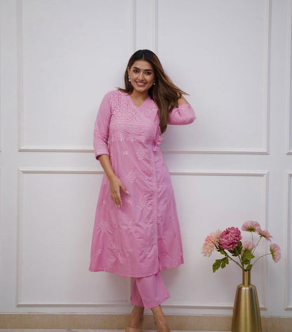 Premium Light Pink Angrakha Style Chikankari Kurta Set with Soft Cotton Fabric