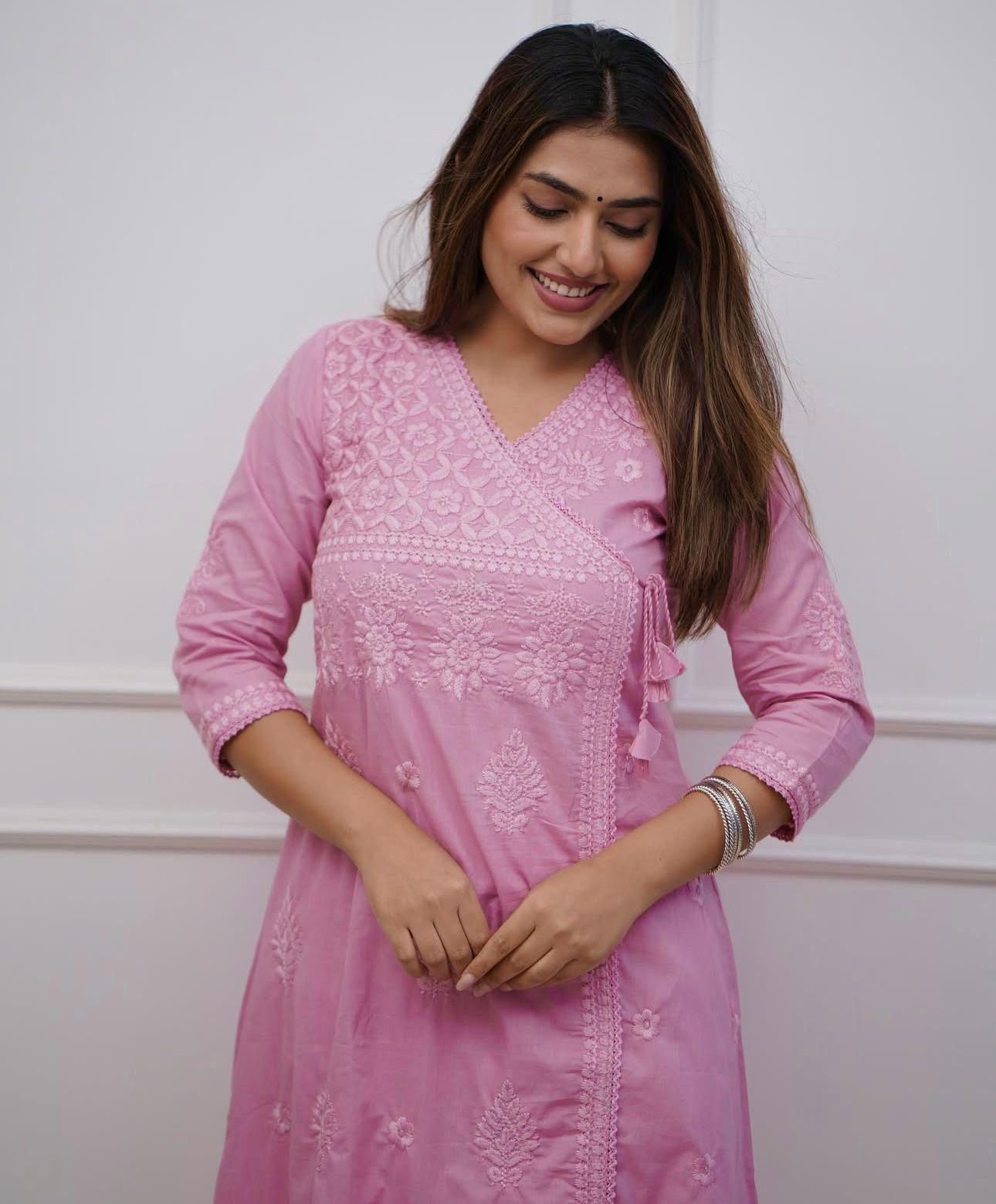 Premium Light Pink Angrakha Style Chikankari Kurta Set with Soft Cotton Fabric