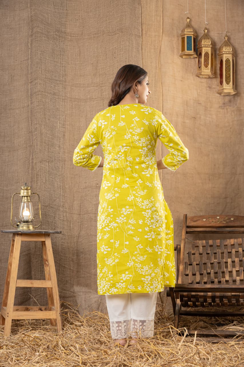 Premium Lime Yellow Soft Cotton Chikankari Kurta Set