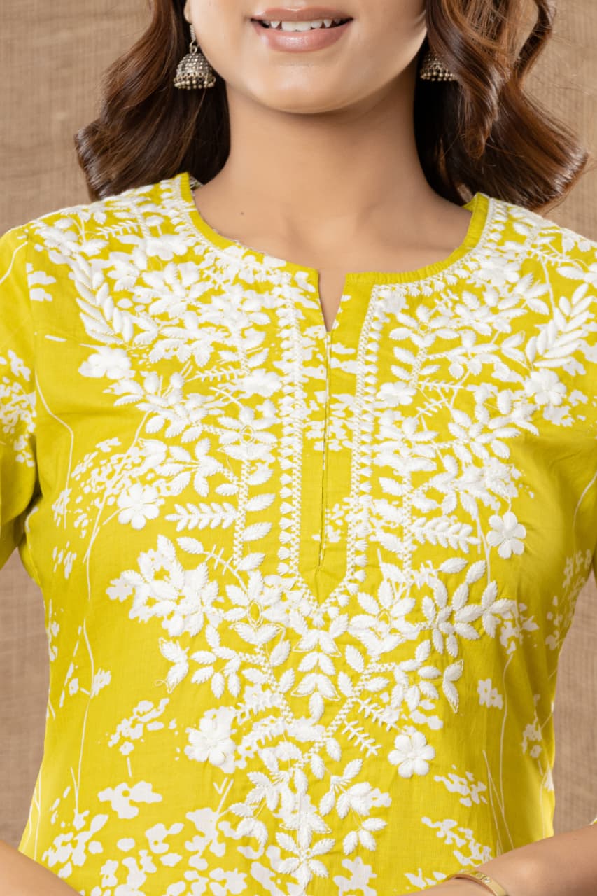 Premium Lime Yellow Soft Cotton Chikankari Kurta Set