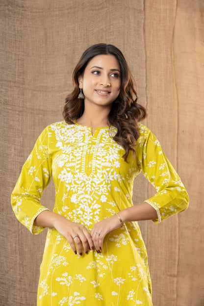 Premium Lime Yellow Soft Cotton Chikankari Kurta Set