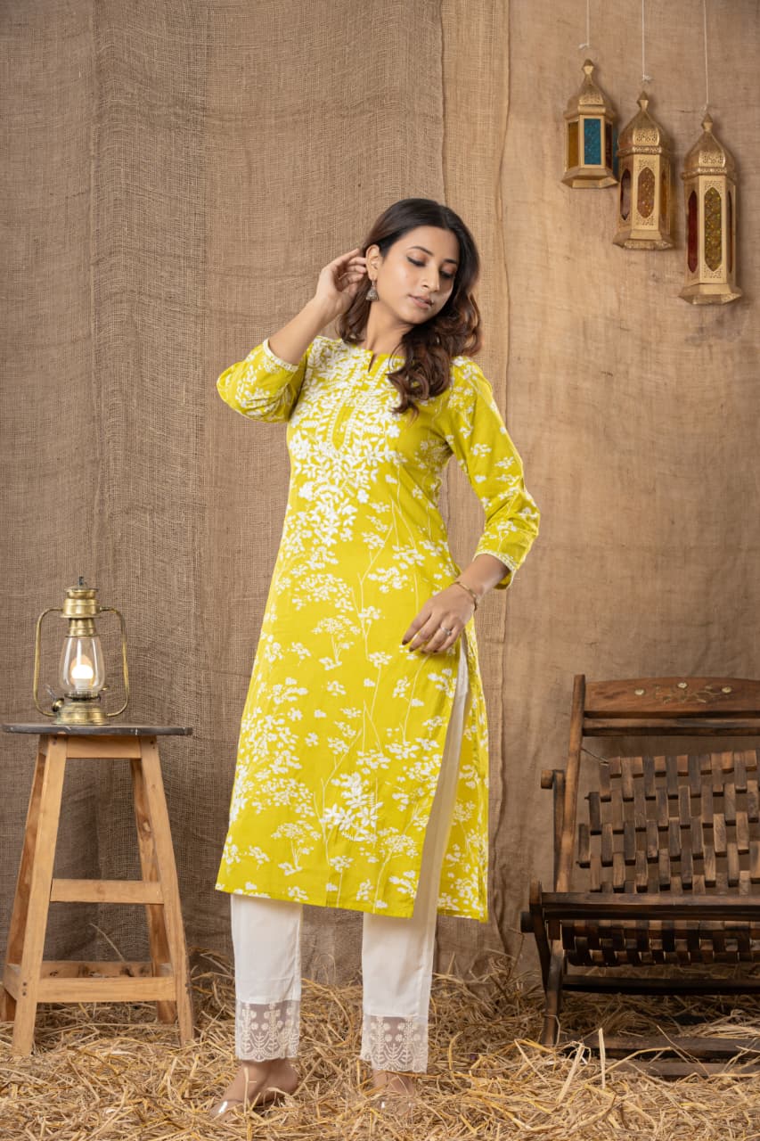 Premium Lime Yellow Soft Cotton Chikankari Kurta Set