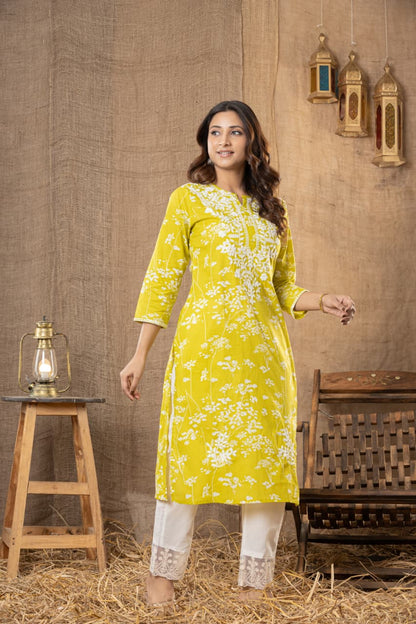 Premium Lime Yellow Soft Cotton Chikankari Kurta Set