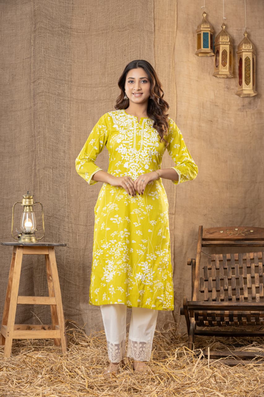 Premium Lime Yellow Soft Cotton Chikankari Kurta Set