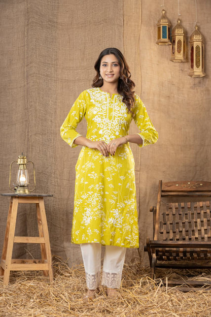 Premium Lime Yellow Soft Cotton Chikankari Kurta Set