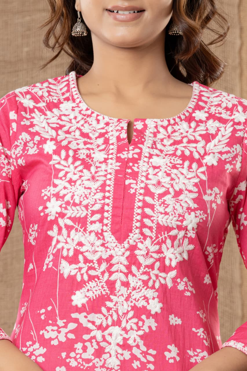 Premium Pink Soft Cotton Chikankari Kurta Set