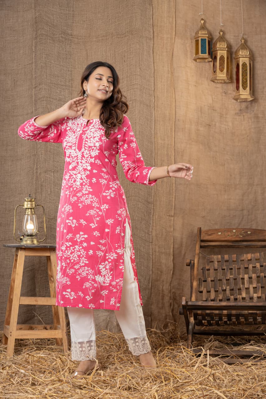 Premium Pink Soft Cotton Chikankari Kurta Set