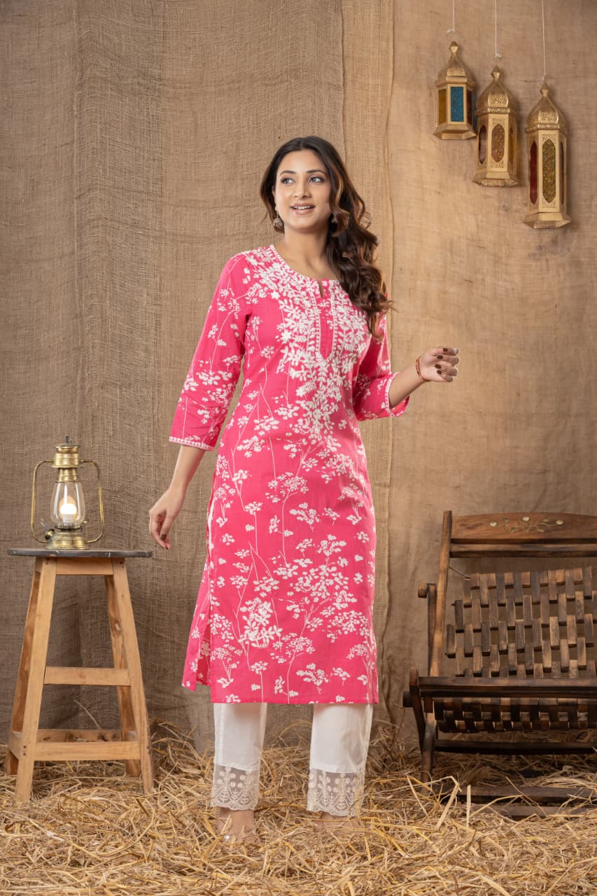 Premium Pink Soft Cotton Chikankari Kurta Set