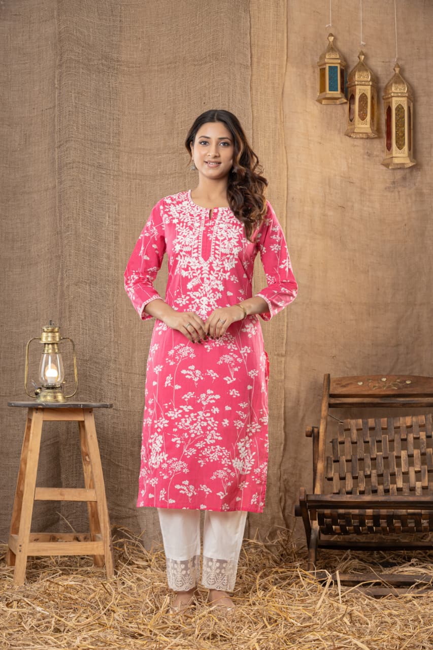 Premium Pink Soft Cotton Chikankari Kurta Set