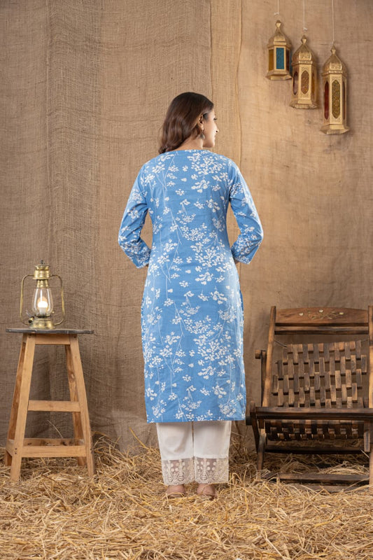 Premium Sky Blue Soft Cotton Chikankari Kurta Set
