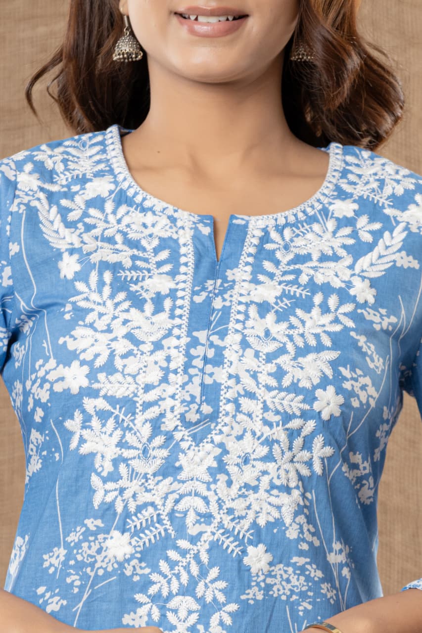 Premium Sky Blue Soft Cotton Chikankari Kurta Set