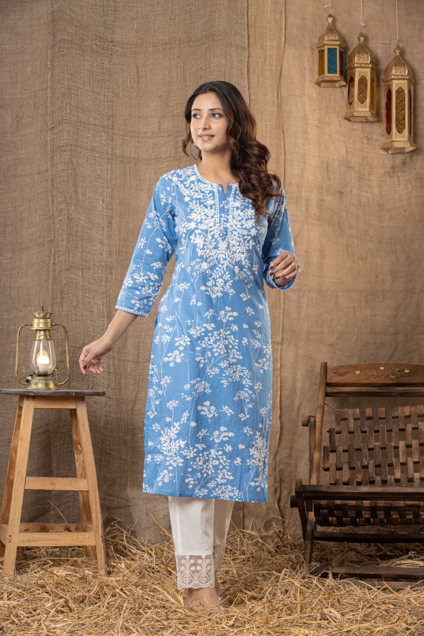 Premium Sky Blue Soft Cotton Chikankari Kurta Set
