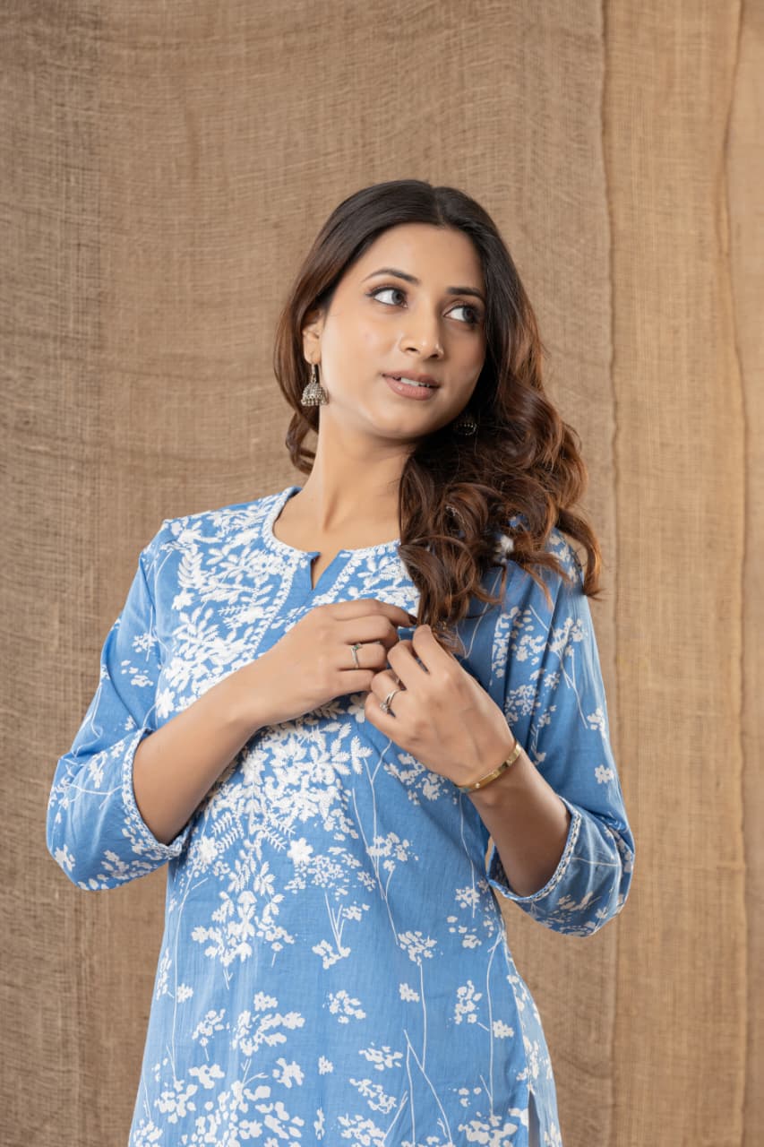 Premium Sky Blue Soft Cotton Chikankari Kurta Set