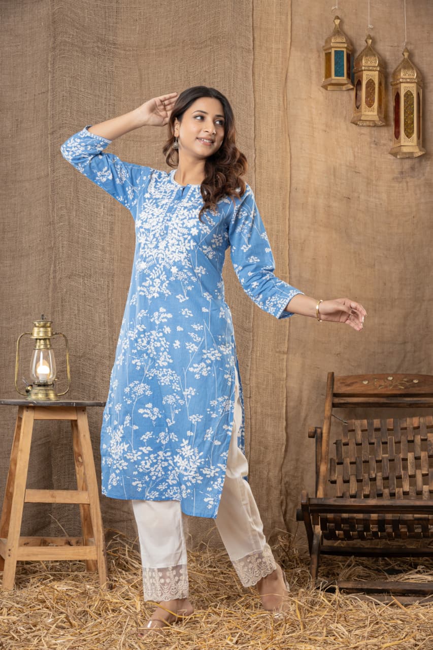 Premium Sky Blue Soft Cotton Chikankari Kurta Set