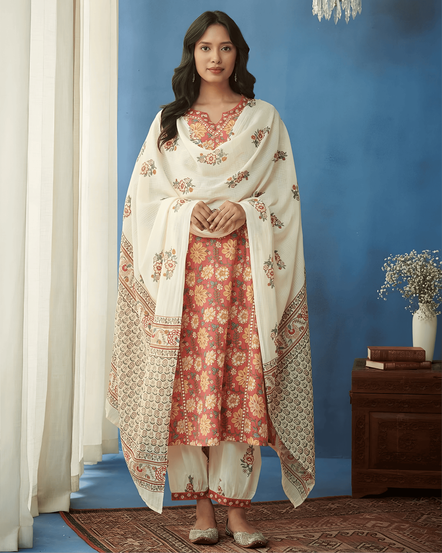 Printed Premium Cotton Kurta Set with Palazzo & Dupatta - Soft & Breathable