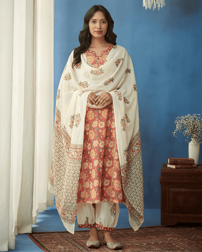 Printed Premium Cotton Kurta Set with Palazzo & Dupatta - Soft & Breathable