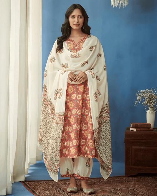 Printed Premium Cotton Kurta Set with Palazzo & Dupatta - Soft & Breathable