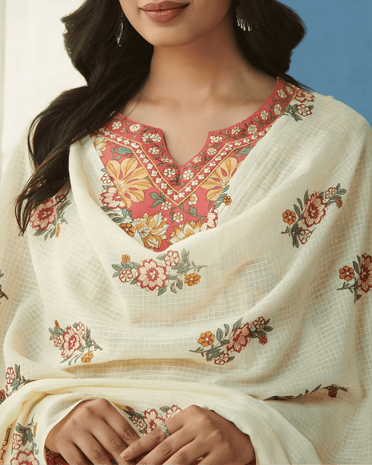 Printed Premium Cotton Kurta Set with Palazzo & Dupatta - Soft & Breathable