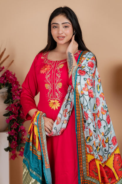 Red Pure Gaji Silk Suit Set for Women – Luxurious & Breathable