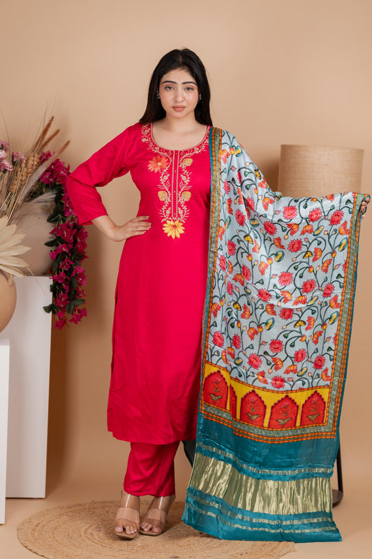 Red Pure Gaji Silk Suit Set for Women – Luxurious & Breathable